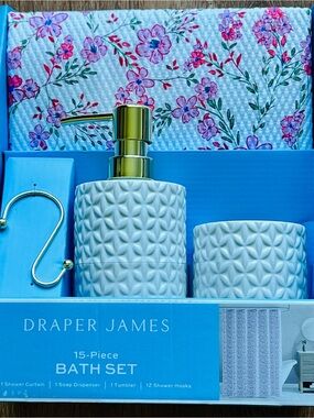 Draper James White Ceramic Bath Set with Gold Accents and Floral Curtain